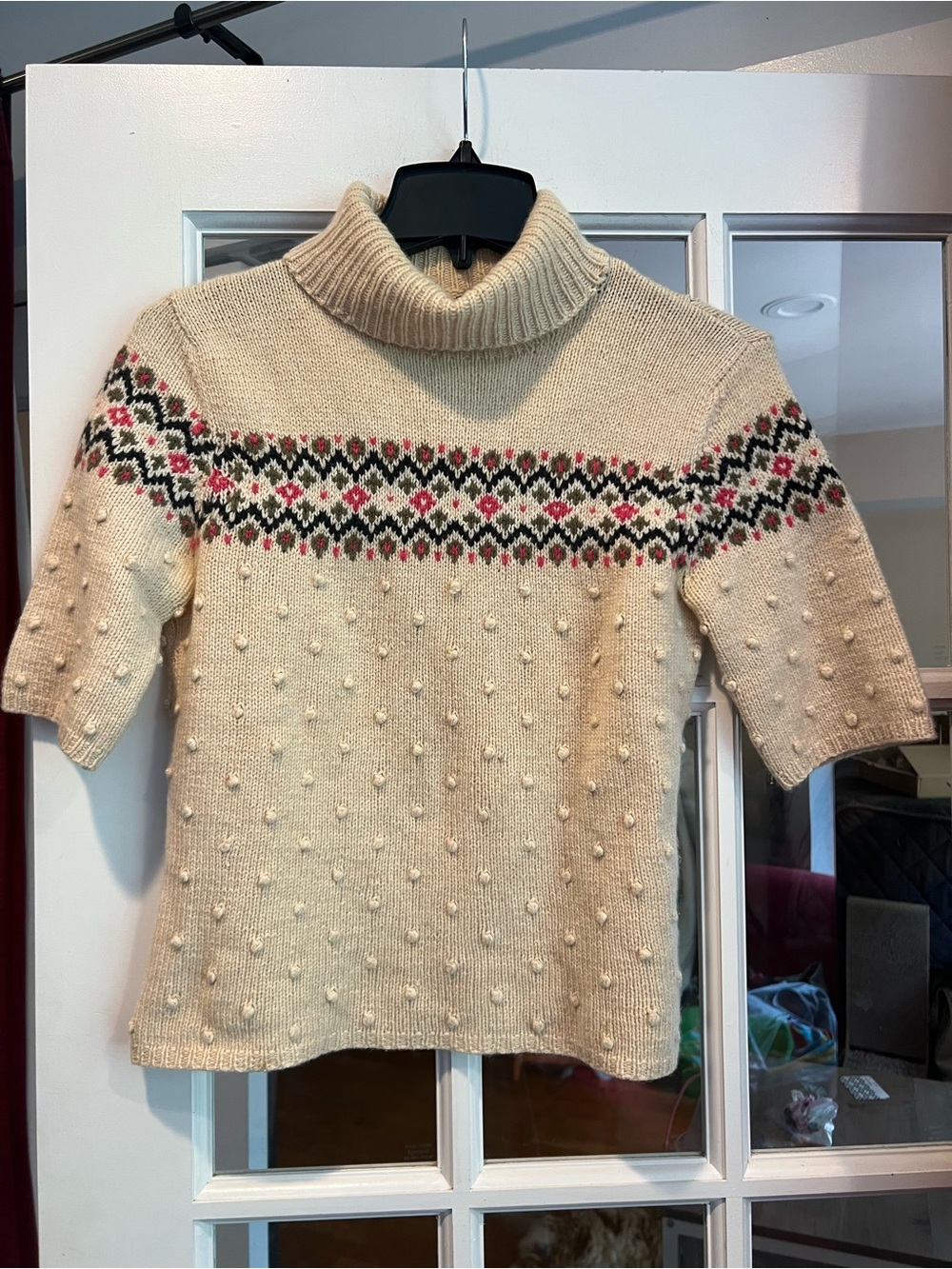 WHIm Cream Fair Isle Short-Sleeve Turtleneck Sweater